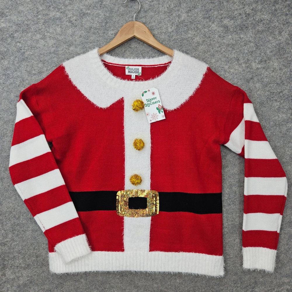 NEW Major Label Group Womens Santa Suit Sweater Red Small Sequin Buckle Pom Poms